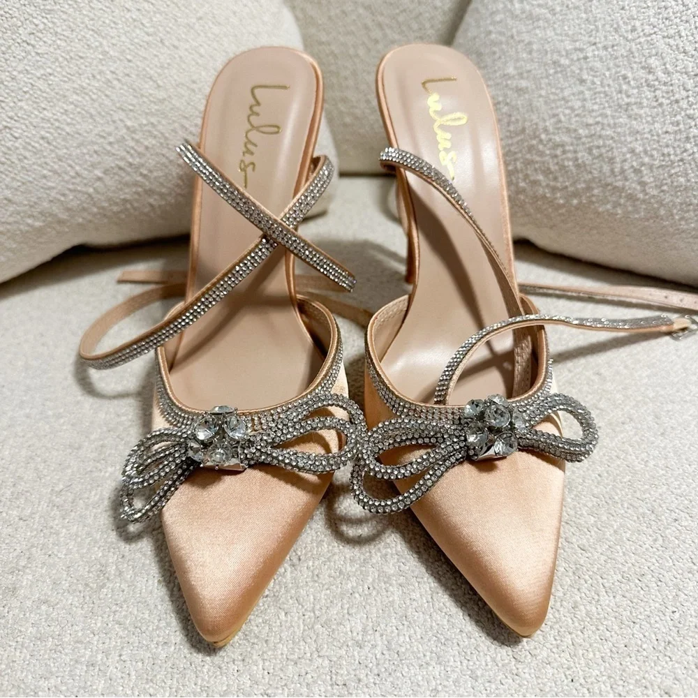 Lulus Lullie Rose Gold Satin Rhinestone Ankle Strap Pointed-Toe Pumps sz 8